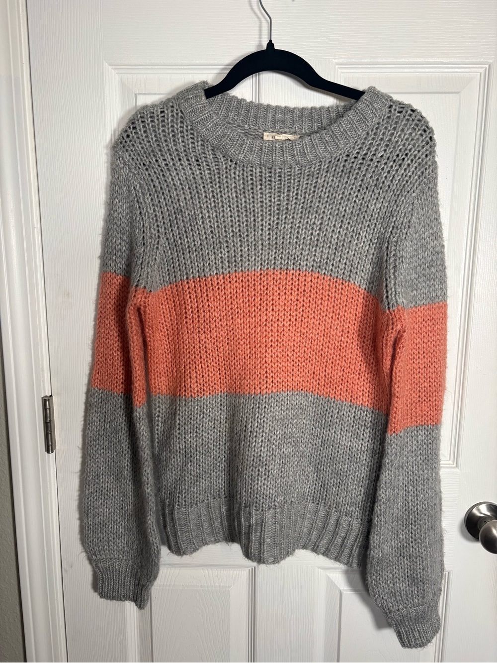 Promesa Gray Crewneck Sweater with Coral Pink Stripe